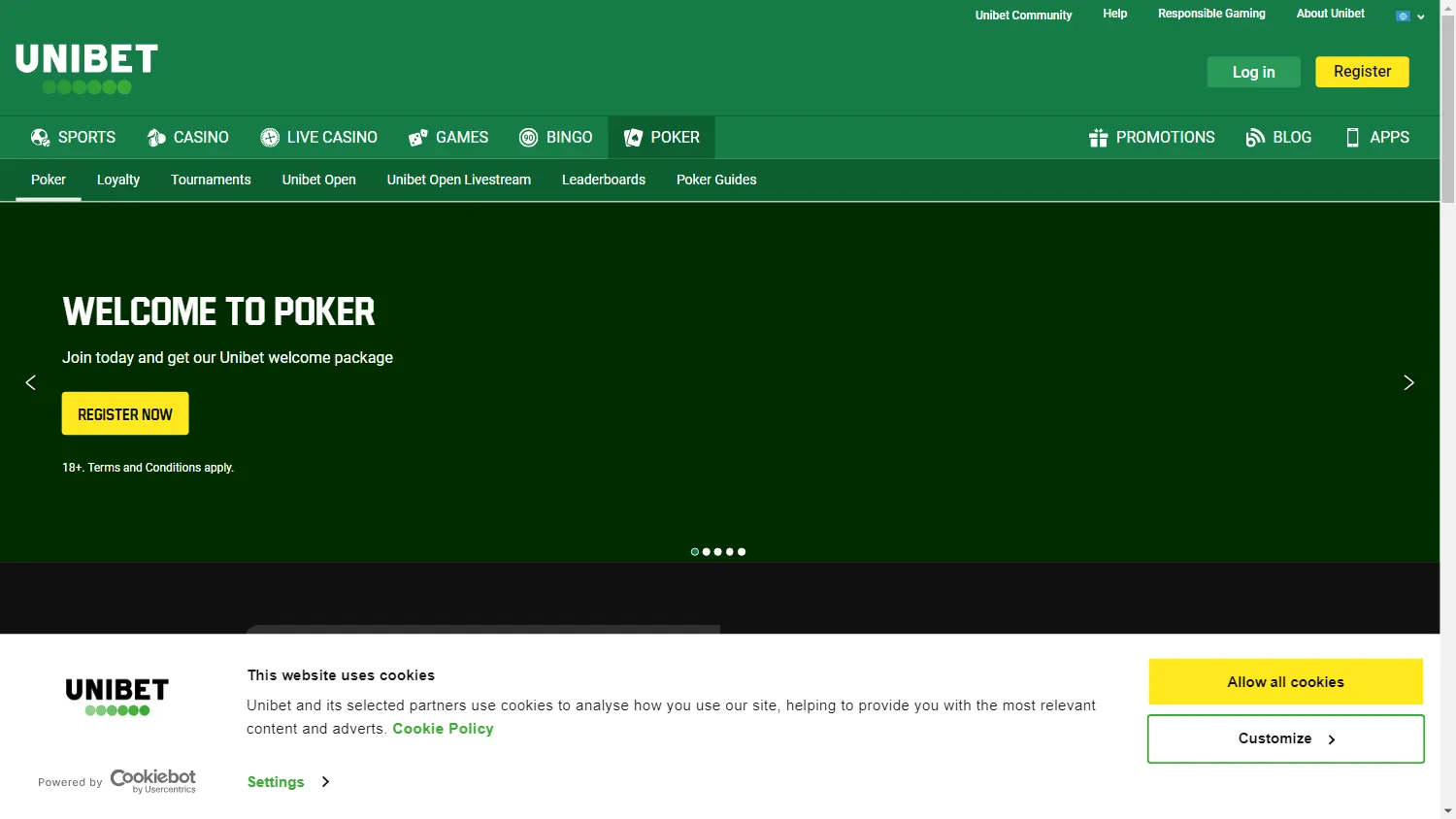 Unibet Casino desktop home screen